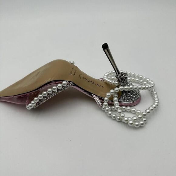 Mach & Mach Pink Crystals Embellishments Faux Pearls Ankle Straps Pumps Sz 37.5 - Picture 9 of 12